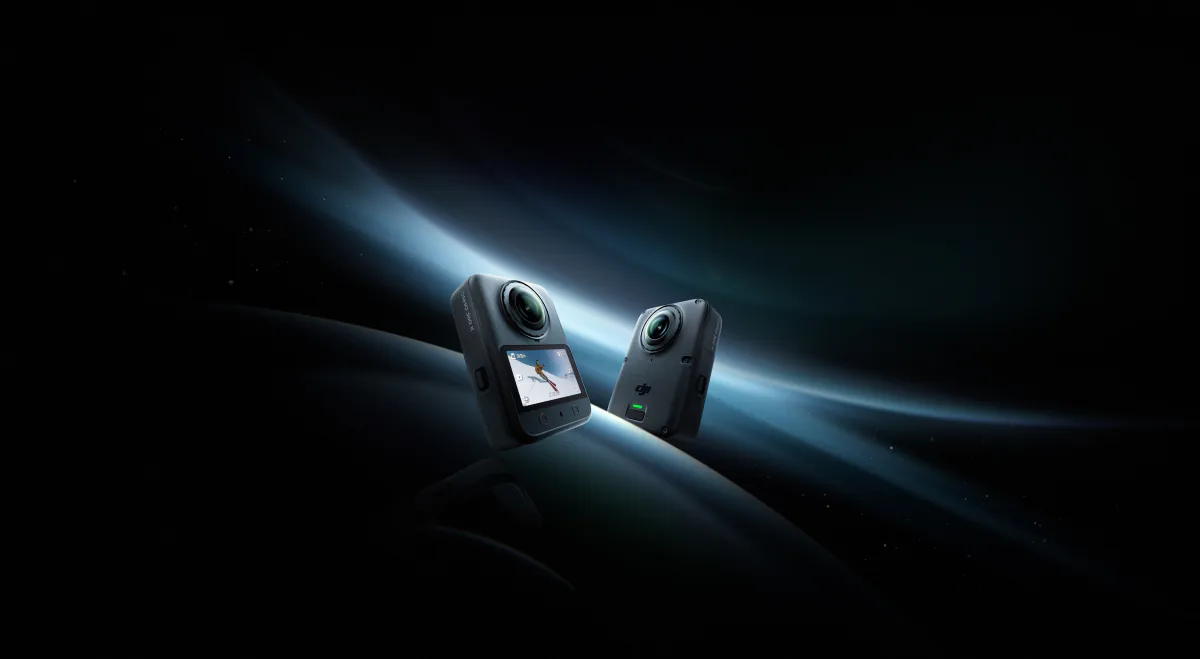 DJI Osmo 360 II shown from the front and rear against a dark blue background