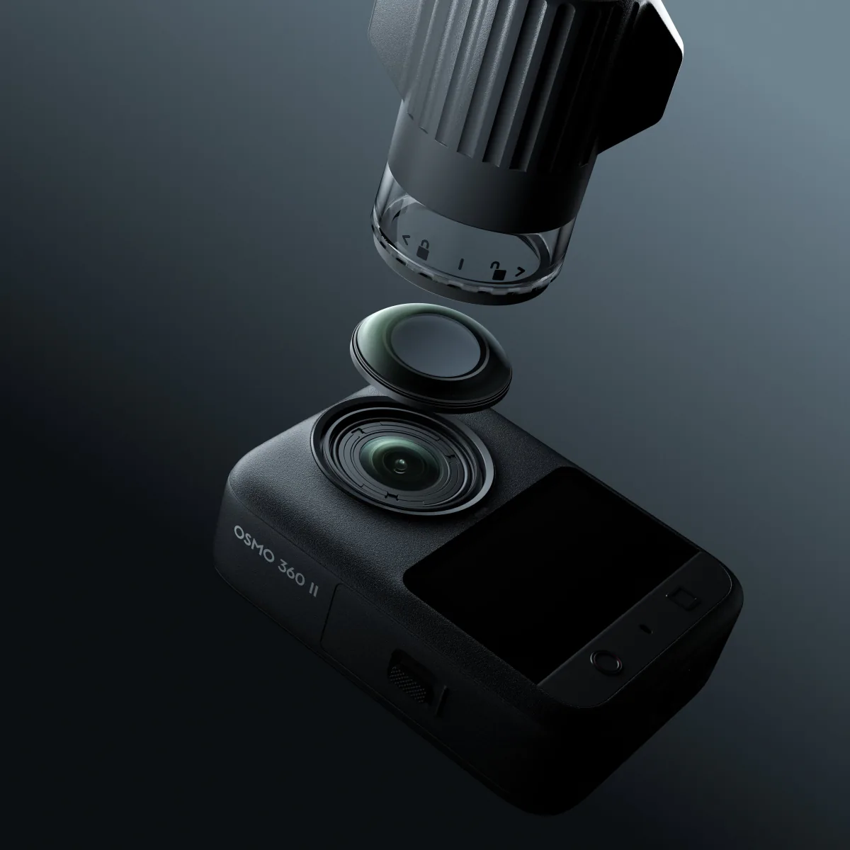 DJI Osmo 360 II with its outer lens cover lifted above the camera