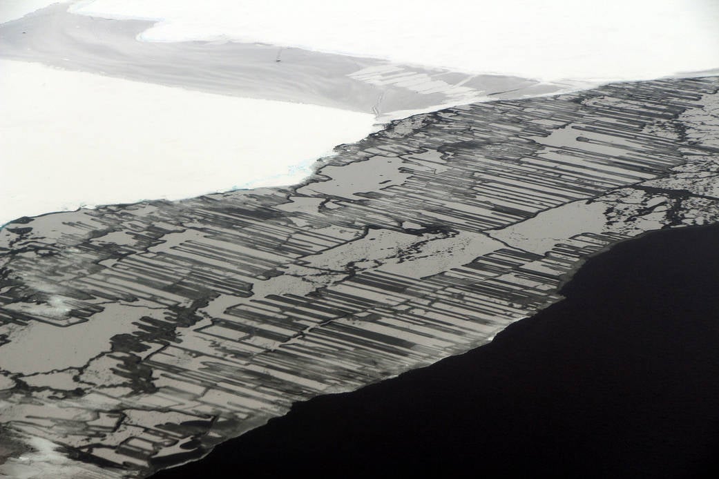 Archive aerial photograph of Weddell Sea ice, taken by John Sonntag in November 2017; not the 2026 maximum.
