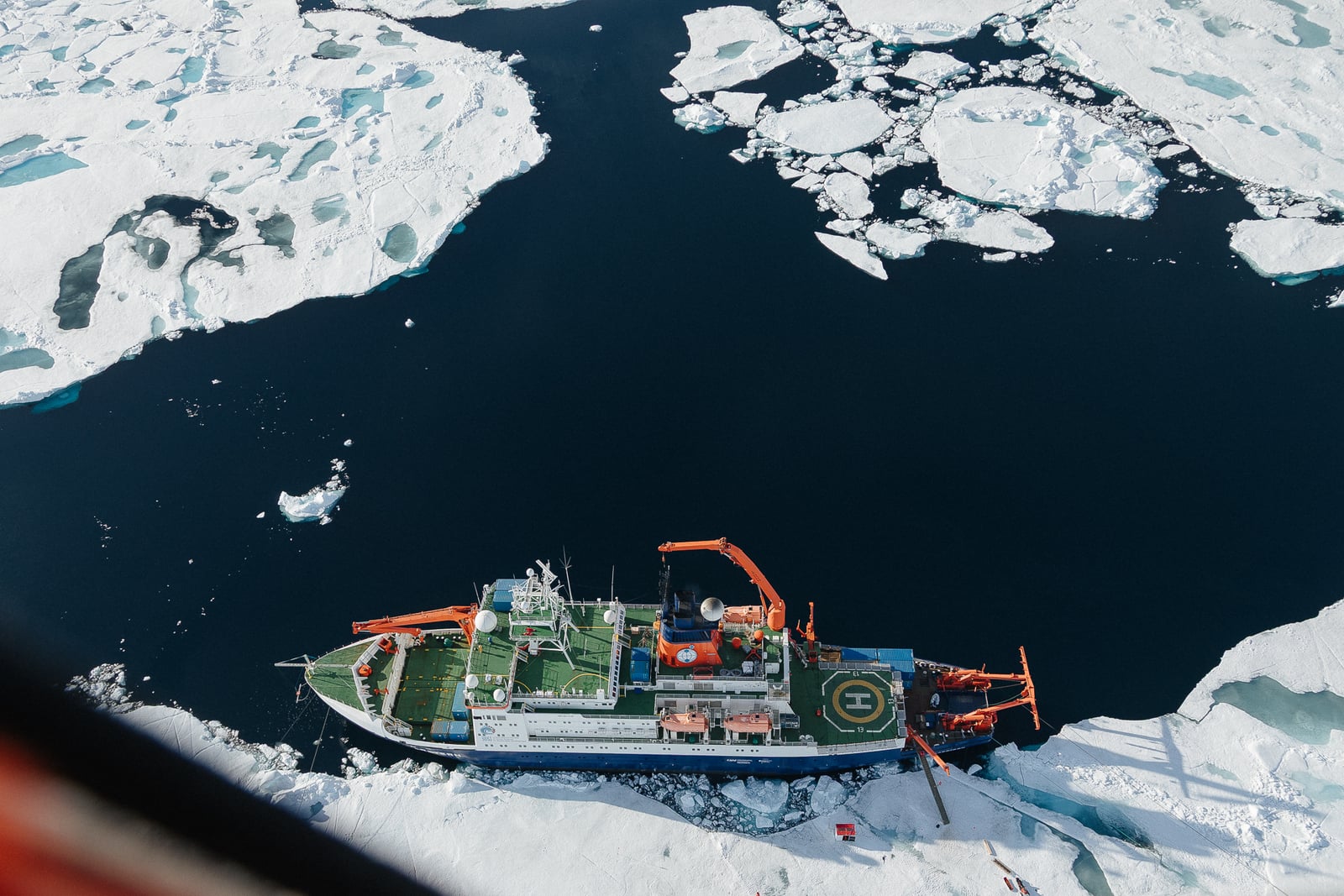 Polarstern among Arctic sea ice, photographed from a helicopter on August 18, 2025.