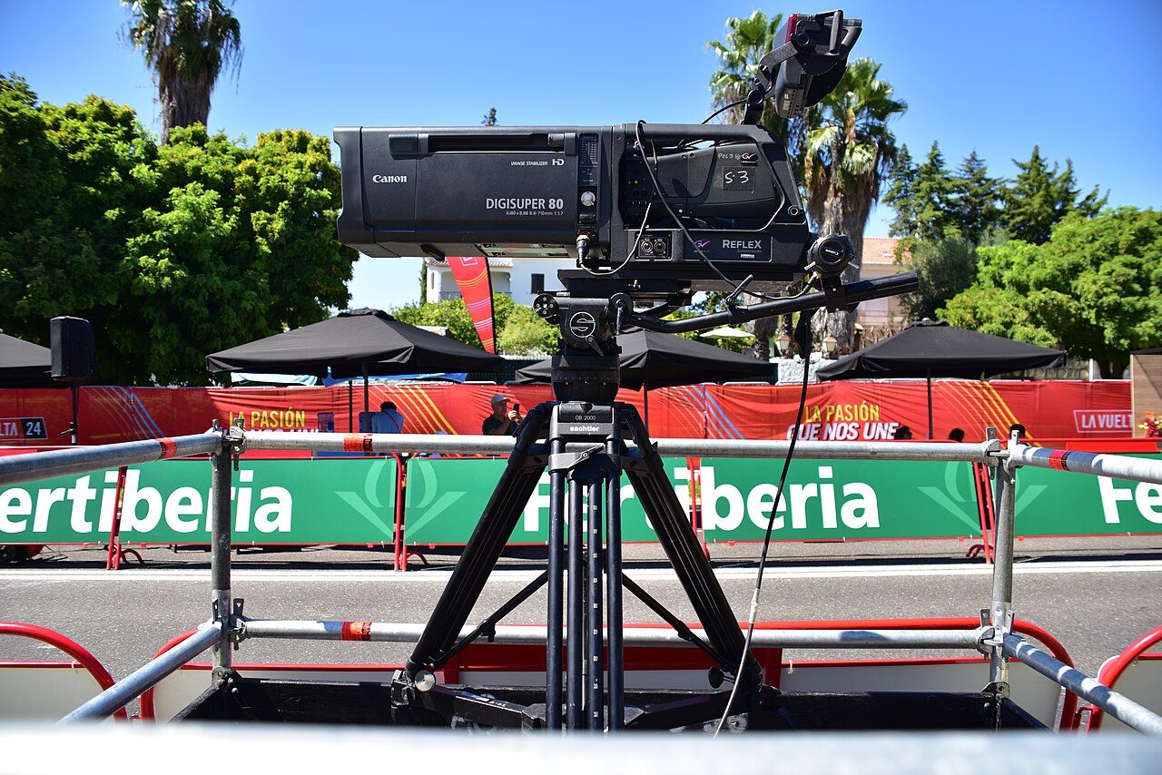A television camera fitted with a Canon DIGISUPER 80 broadcast lens at La Vuelta in Portugal in August 2024.