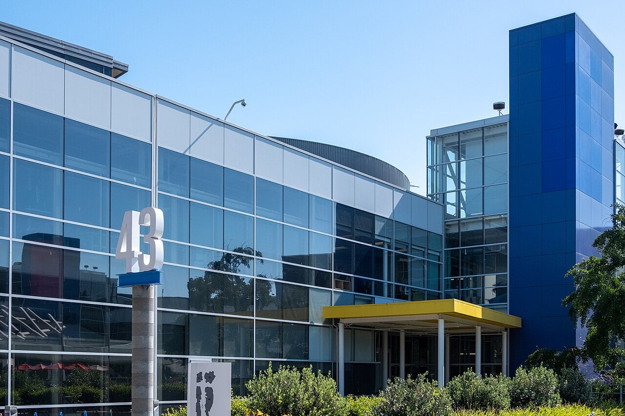 Archive photograph of Googleplex buildings and grounds in Mountain View, California.