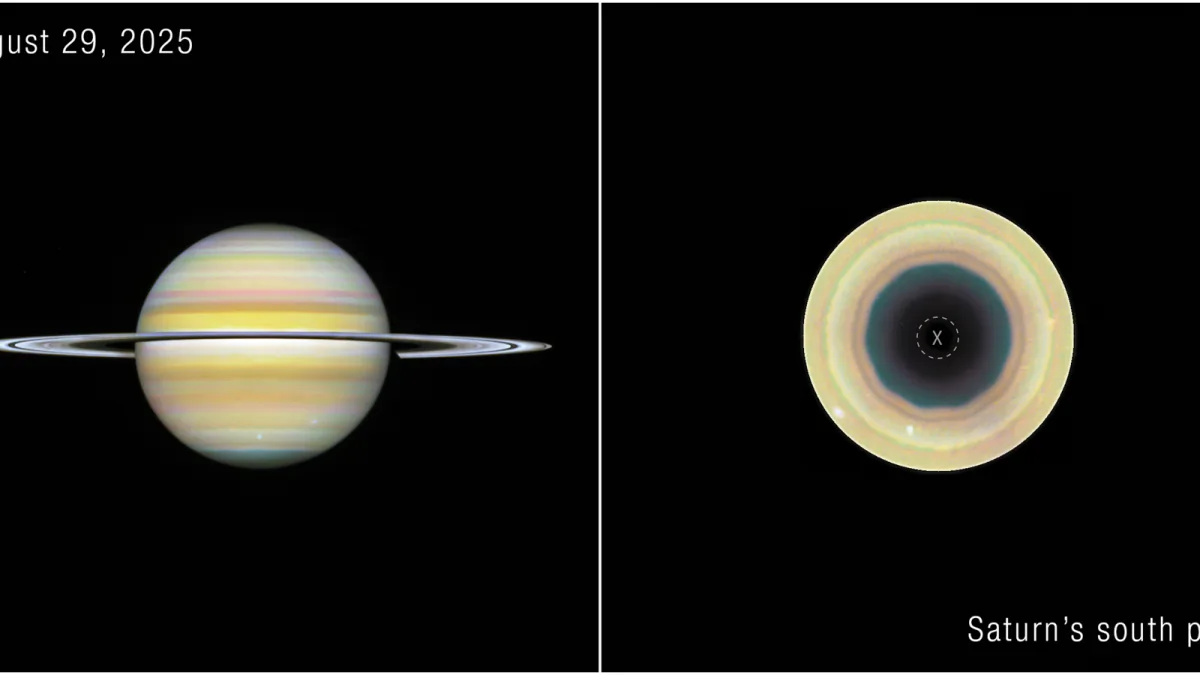 Two processed Hubble views of Saturn, including a south-polar projection with a ten-sided atmospheric outline.