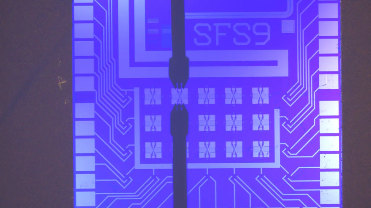 A purple-blue research chip with fine conductive tracks and dark electrical probes meeting near small cross-shaped devices.
