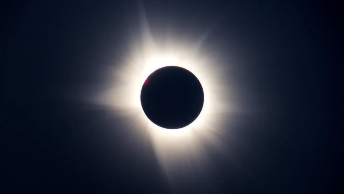The Moon's black disk surrounded by the solar corona during the August 12, 2026 total eclipse in Molina de Aragón, Spain.
