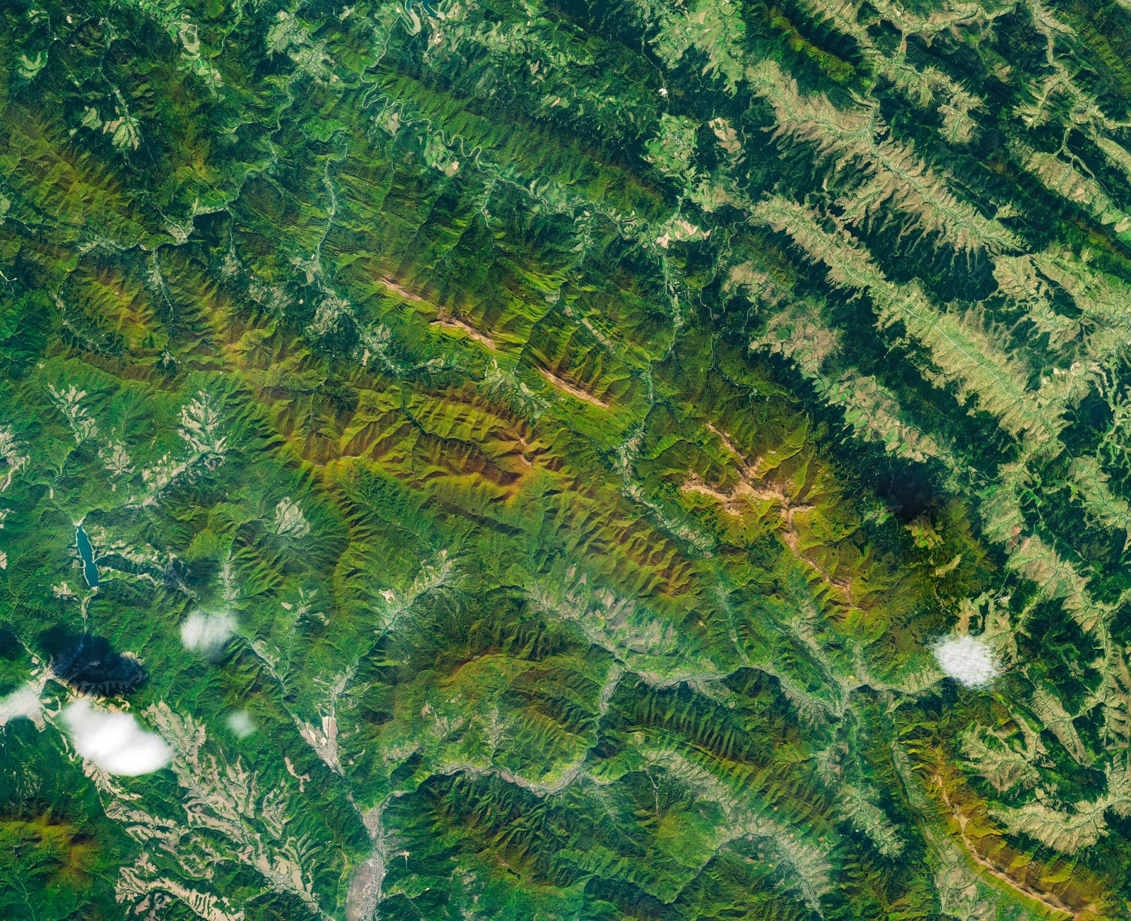 Landsat view of autumn forest and mountain meadows in Bieszczady, Poland.