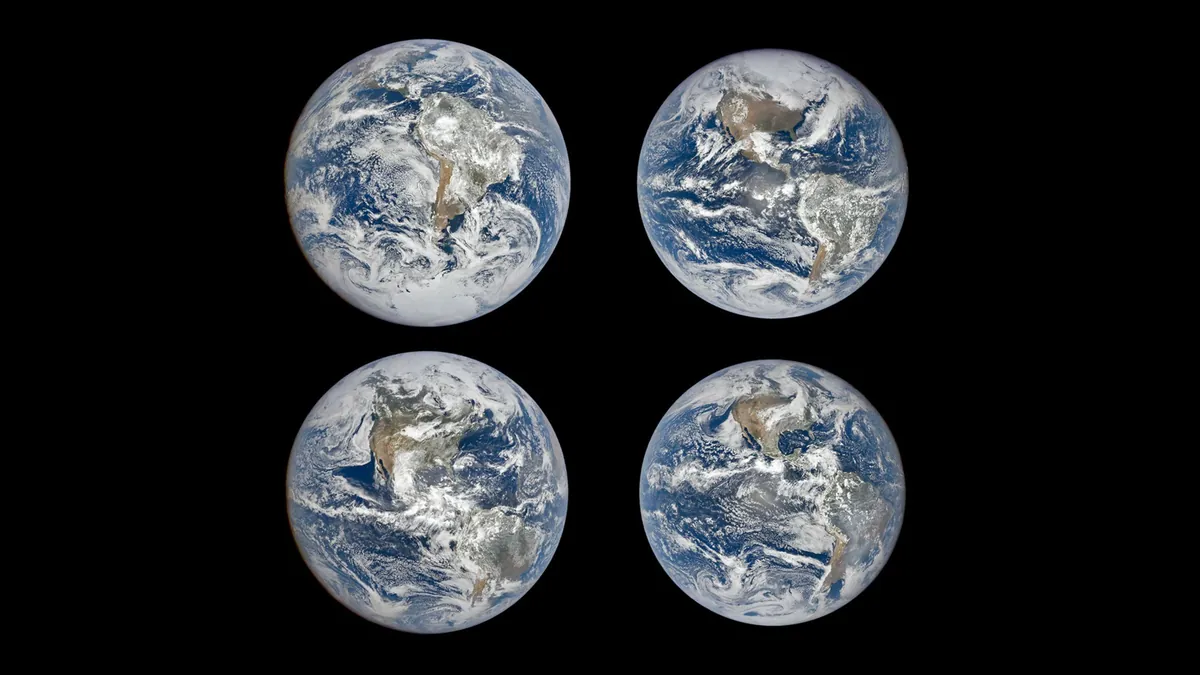 Four satellite views of Earth's sunlit disk, with the Americas and polar regions appearing in different positions across the seasons.
