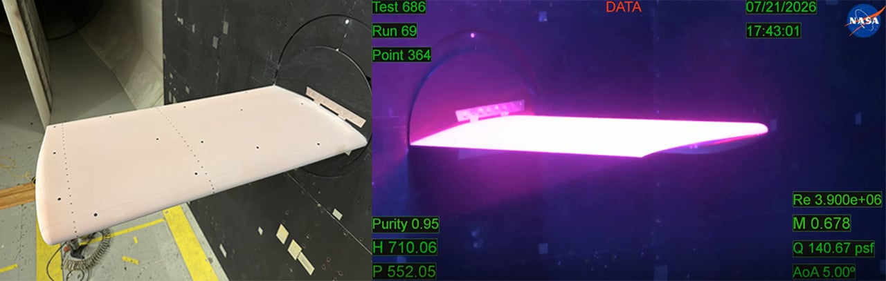 Two documentary views of a wind-tunnel research wing, unilluminated at left and glowing pink-purple under ultraviolet light at right.