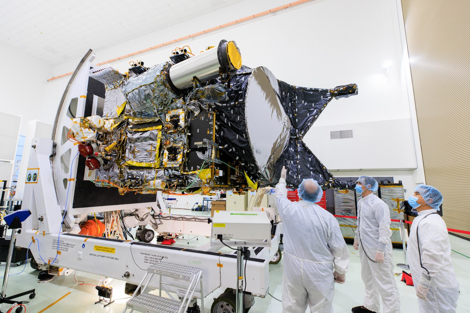 NASA’s Psyche spacecraft stands in an Astrotech clean room near Kennedy Space Center on June 26, 2023.