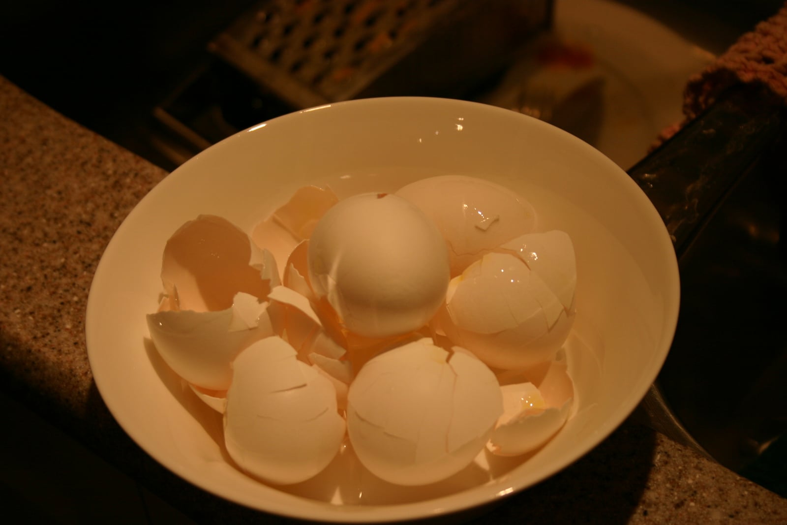Archive photograph of broken eggshells, shown as material context for the magnesium-composite research.