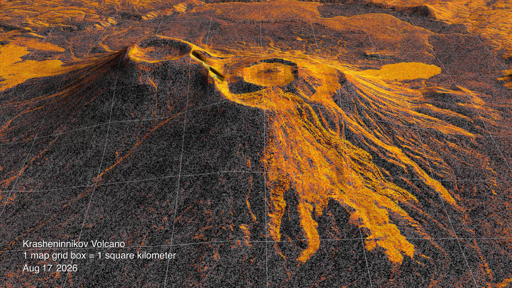 Annotated radar-data view of Krasheninnikov showing the lava field and surrounding terrain in the NISAR time-lapse.