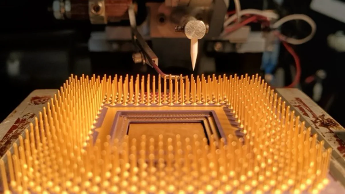 A fabricated semiconductor chip photographed against a dark background.