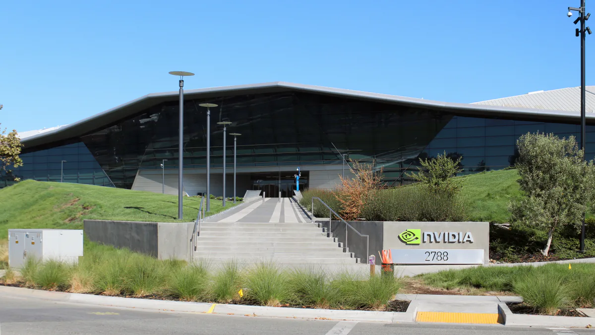 NVIDIA's angular headquarters building and landscaped entrance in Santa Clara.