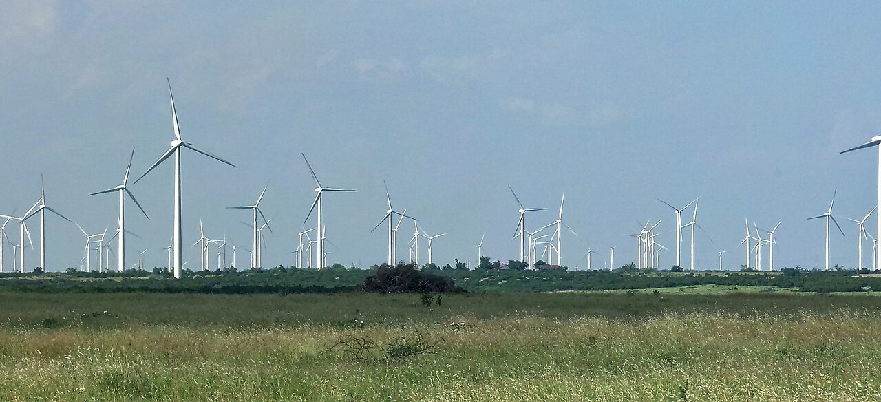 Wind turbines spread across an open landscape in Nolan County, Texas, in an archival photograph.