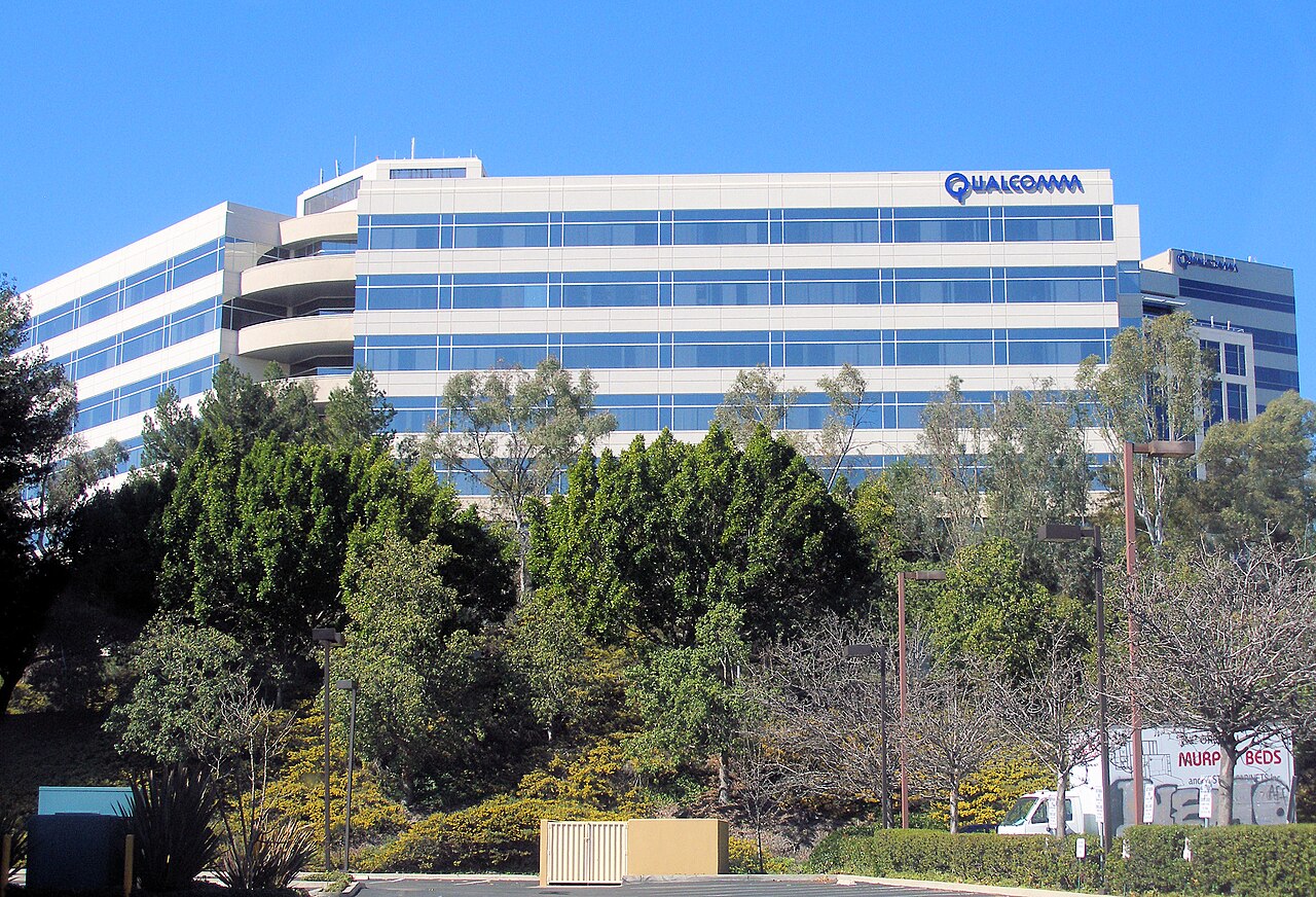 Qualcomm lettering on the upper floors of an office building in San Diego.