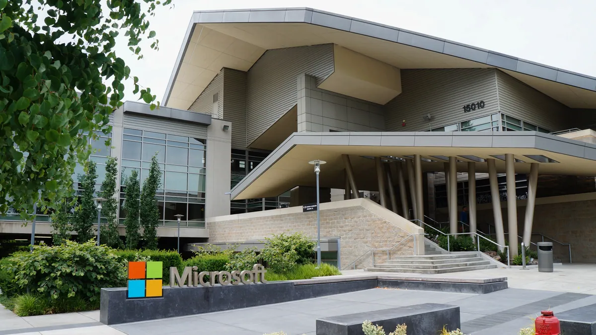 Microsoft's four-color logo outside Building 92 on its Redmond campus.